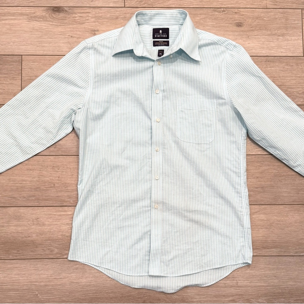 Stafford Travel Wrinkle-Free Oxford Fitted Stripe Shirt Blue Mens 15.5 32-33 EUC
